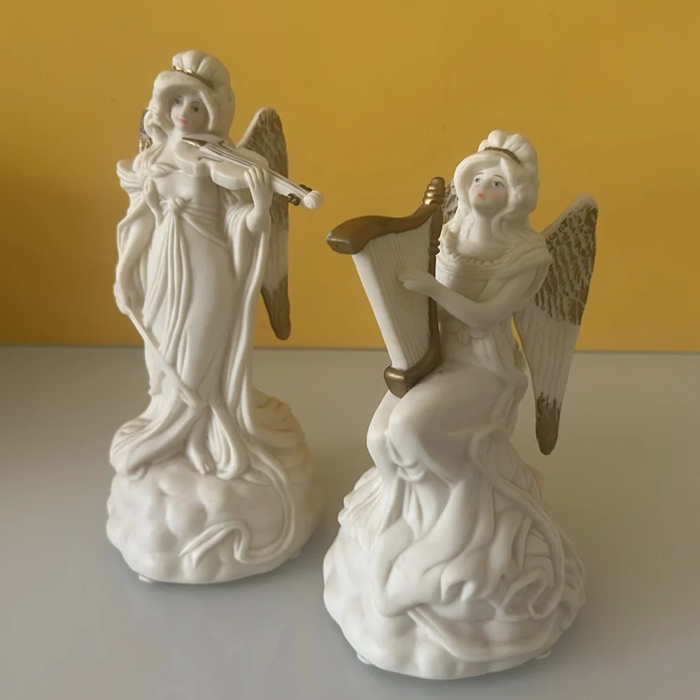Set of 2 White Ceramic Angel Figurines w/ Harp and Violin Table Décor Sculptures